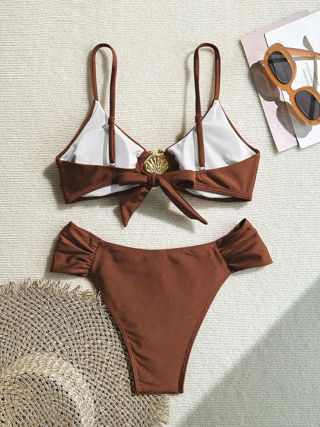 Women's 2026 New Sexy Shell Metal Button Bikini Set Solid Color Push Up Halter Two Piece Swimwear Summer Beach Bathing Suit - StepByStepNow