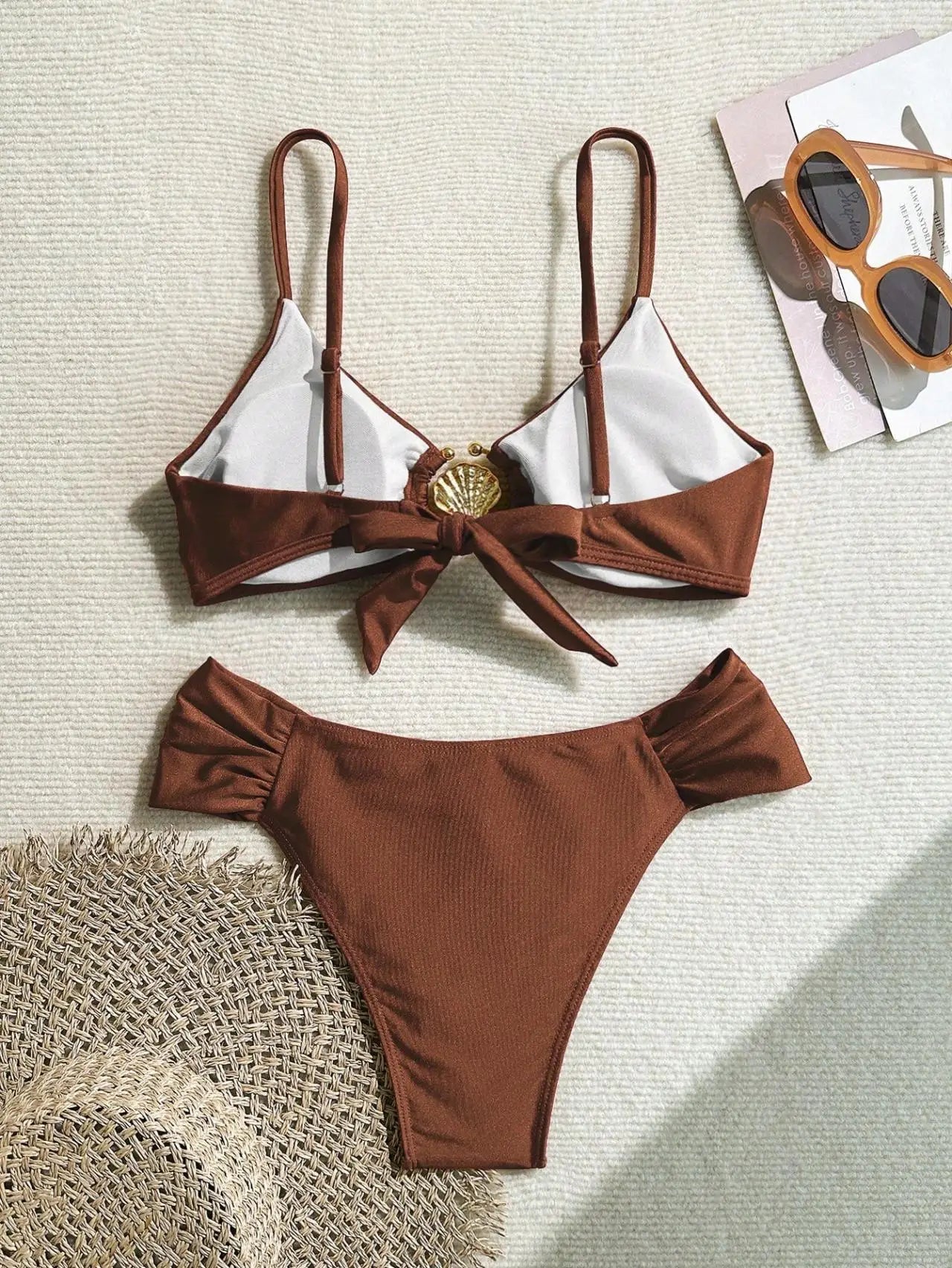 Women's 2026 New Sexy Shell Metal Button Bikini Set Solid Color Push Up Halter Two Piece Swimwear Summer Beach Bathing Suit - StepByStepNow
