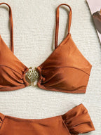 Women's 2026 New Sexy Shell Metal Button Bikini Set Solid Color Push Up Halter Two Piece Swimwear Summer Beach Bathing Suit - StepByStepNow