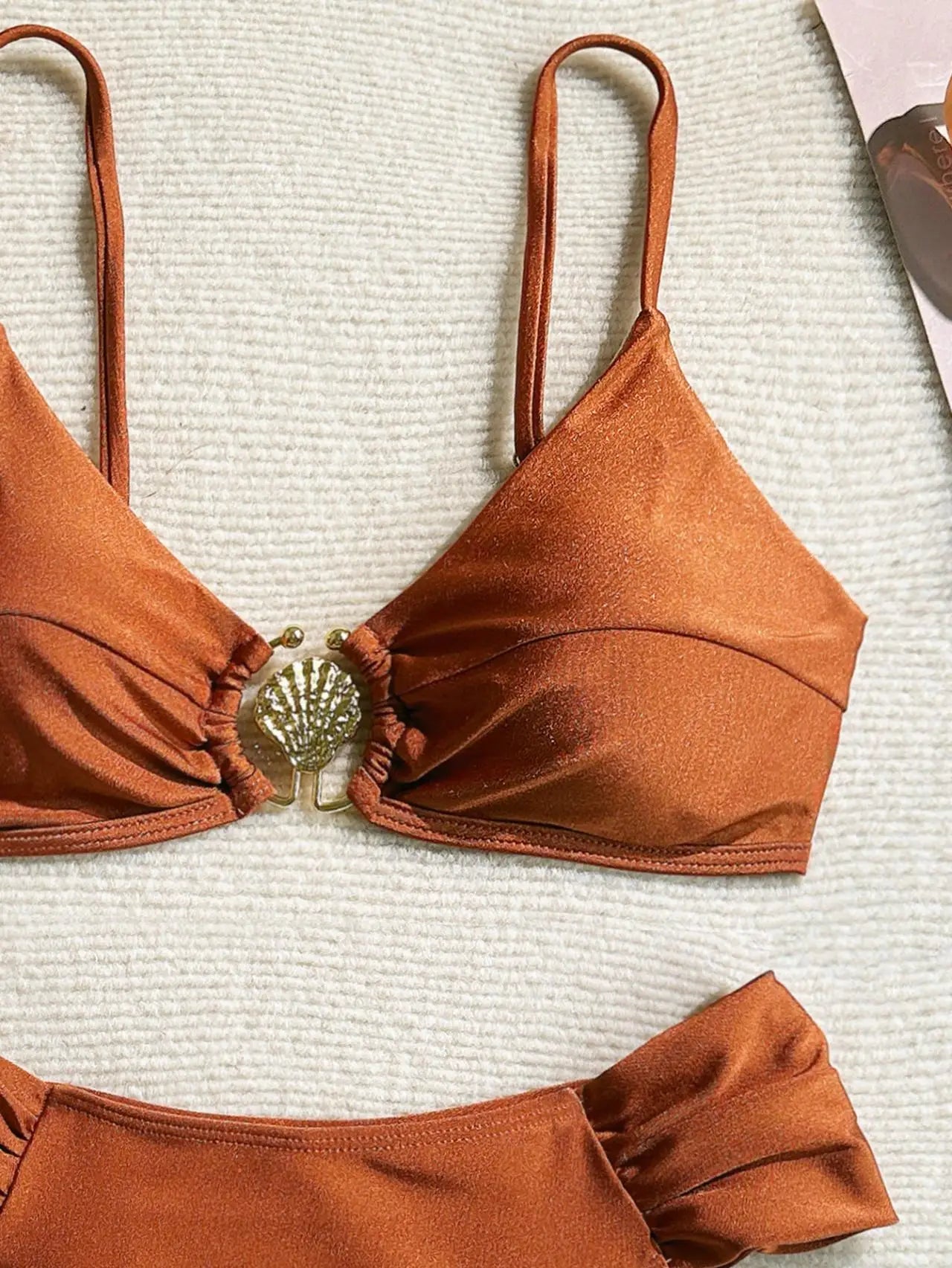 Women's 2026 New Sexy Shell Metal Button Bikini Set Solid Color Push Up Halter Two Piece Swimwear Summer Beach Bathing Suit - StepByStepNow