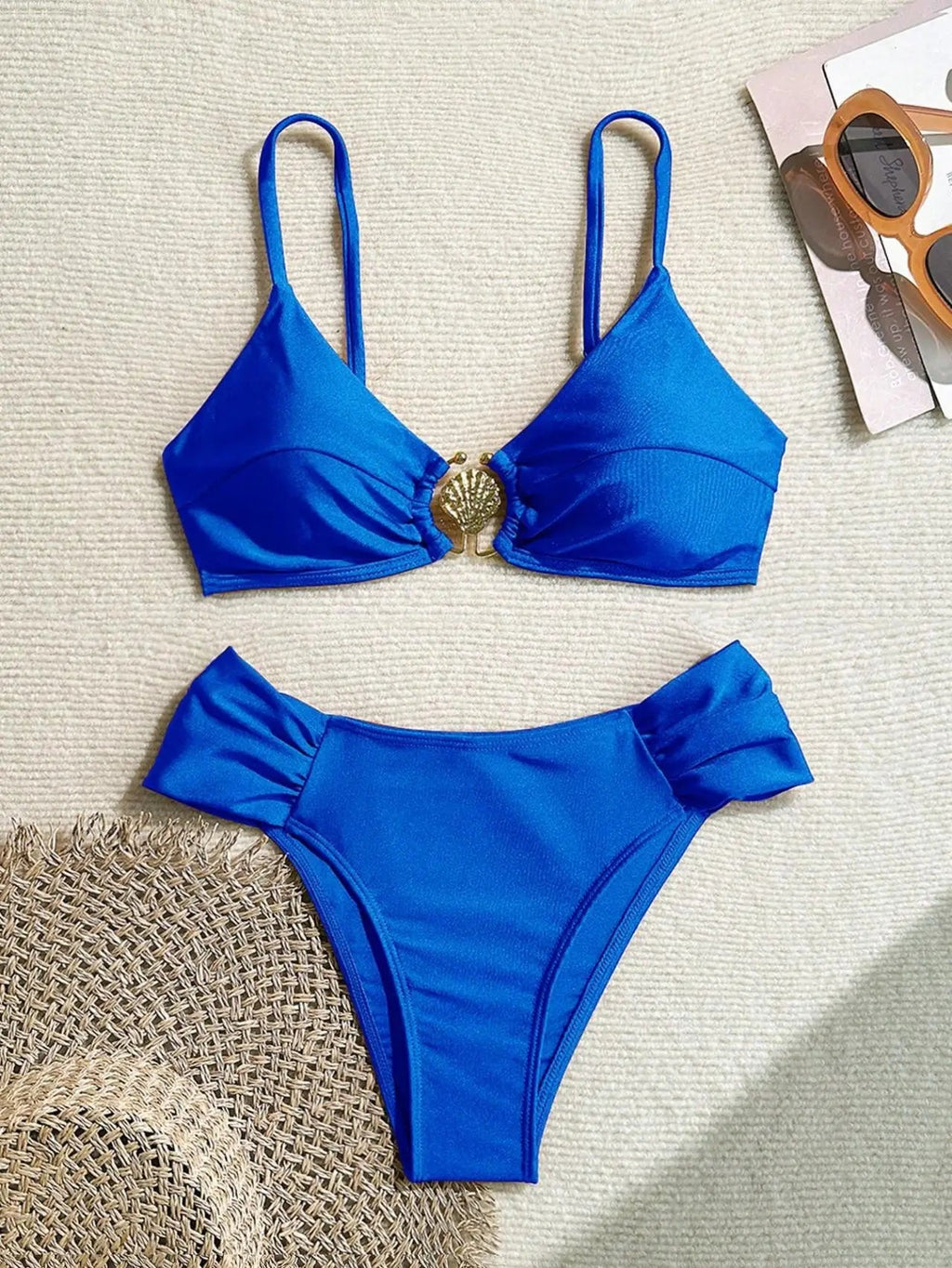 Women's 2026 New Sexy Shell Metal Button Bikini Set Solid Color Push Up Halter Two Piece Swimwear Summer Beach Bathing Suit - StepByStepNow
