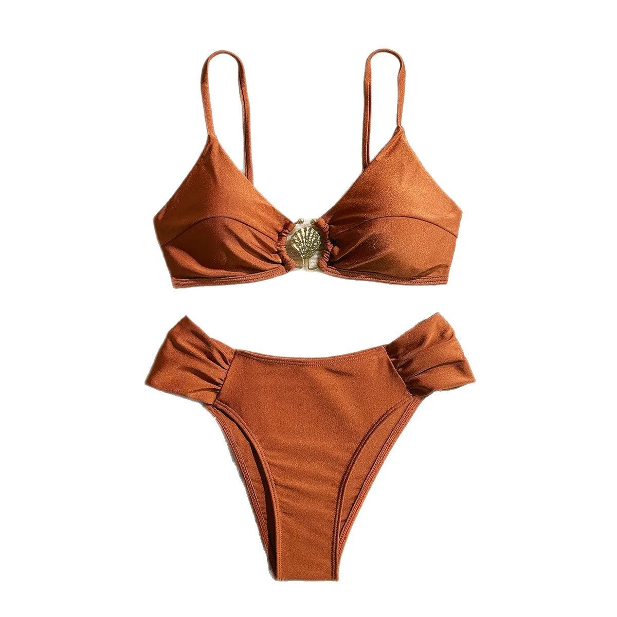 Women's 2026 New Sexy Shell Metal Button Bikini Set Solid Color Push Up Halter Two Piece Swimwear Summer Beach Bathing Suit - StepByStepNow