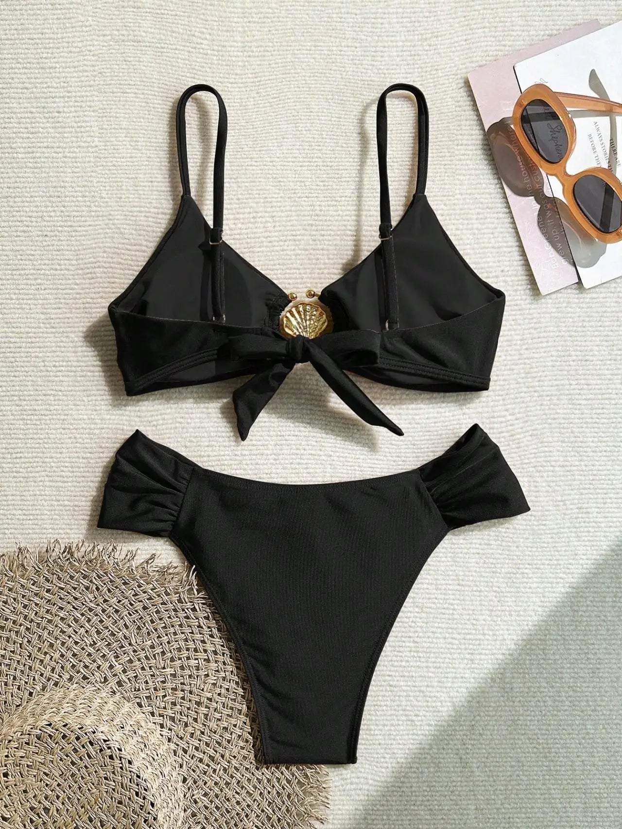 Women's 2026 New Sexy Shell Metal Button Bikini Set Solid Color Push Up Halter Two Piece Swimwear Summer Beach Bathing Suit - StepByStepNow