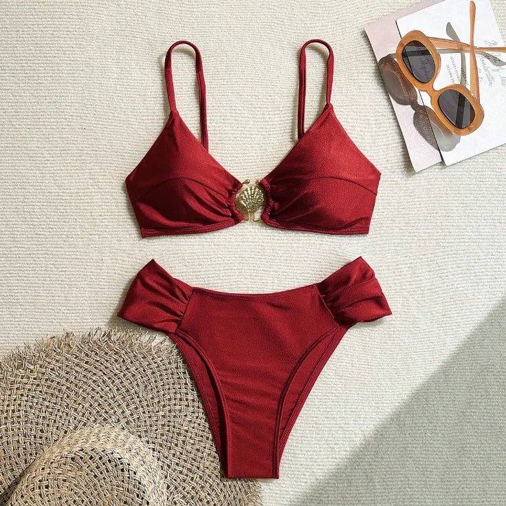 Women's 2026 New Sexy Shell Metal Button Bikini Set Solid Color Push Up Halter Two Piece Swimwear Summer Beach Bathing Suit - StepByStepNow