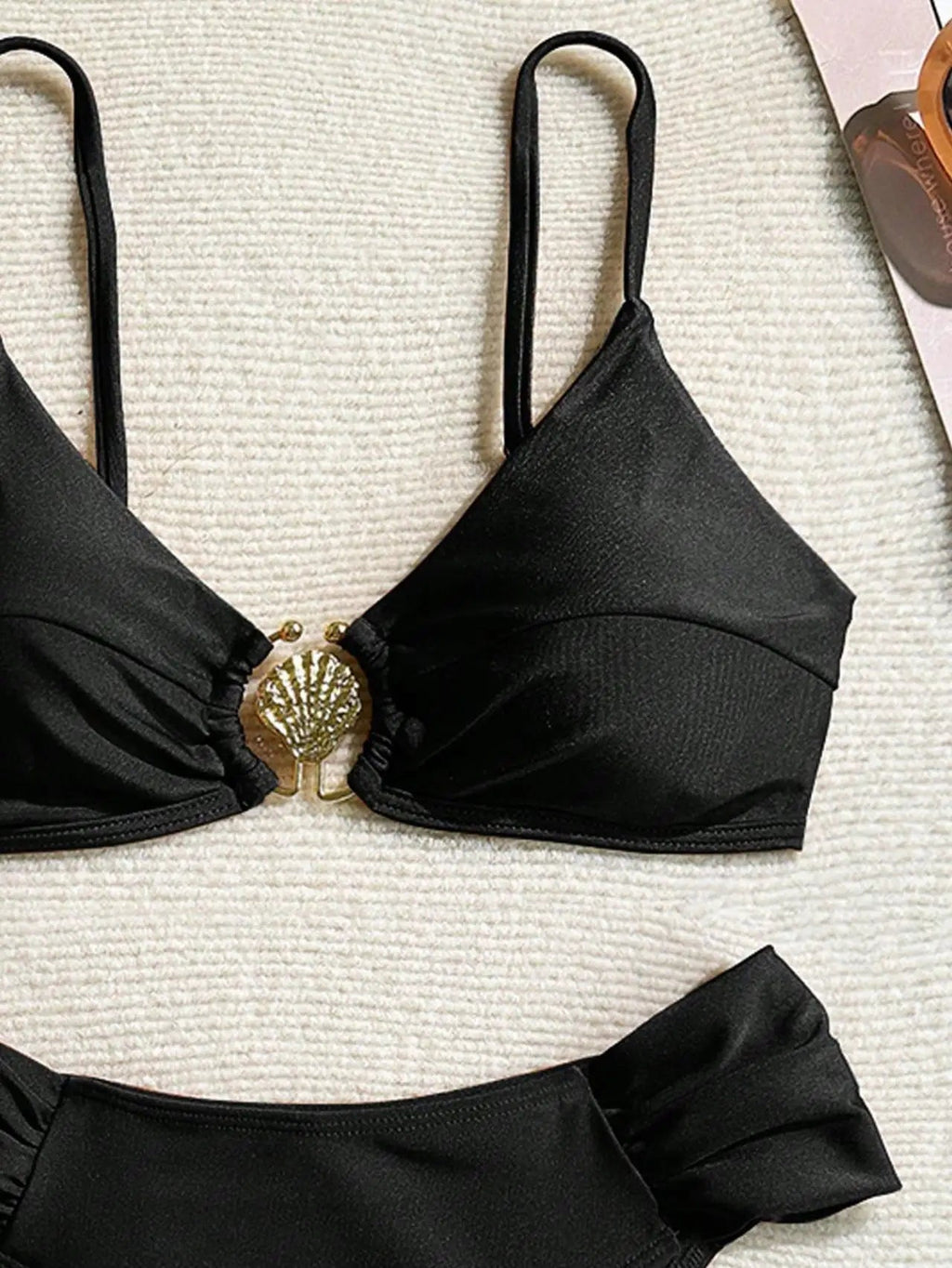 Women's 2026 New Sexy Shell Metal Button Bikini Set Solid Color Push Up Halter Two Piece Swimwear Summer Beach Bathing Suit - StepByStepNow