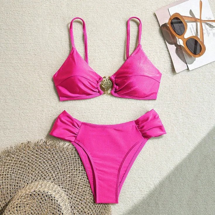 Women's 2026 New Sexy Shell Metal Button Bikini Set Solid Color Push Up Halter Two Piece Swimwear Summer Beach Bathing Suit - StepByStepNow