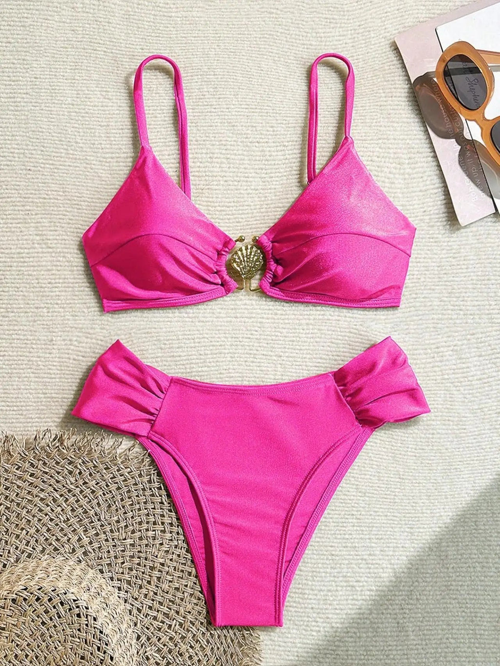 Women's 2026 New Sexy Shell Metal Button Bikini Set Solid Color Push Up Halter Two Piece Swimwear Summer Beach Bathing Suit - StepByStepNow