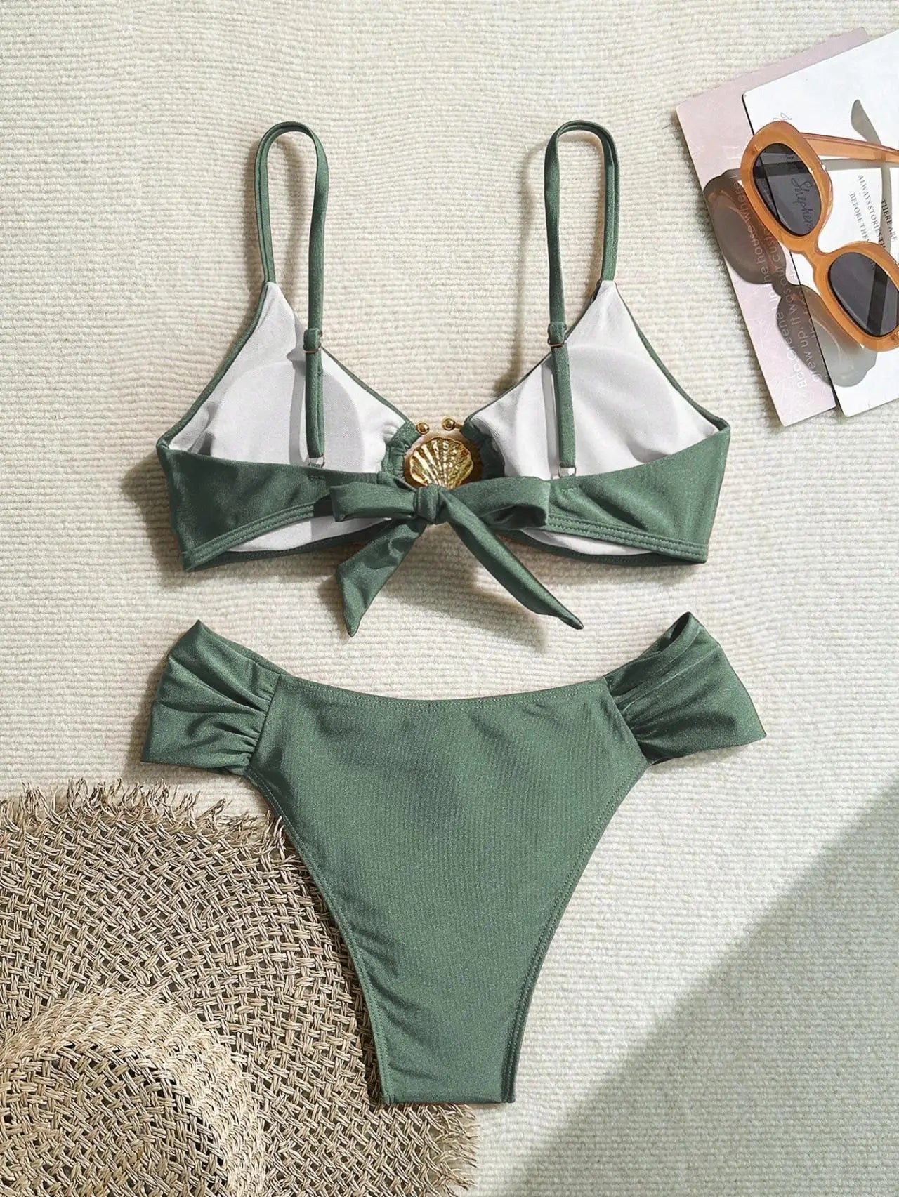 Women's 2026 New Sexy Shell Metal Button Bikini Set Solid Color Push Up Halter Two Piece Swimwear Summer Beach Bathing Suit - StepByStepNow