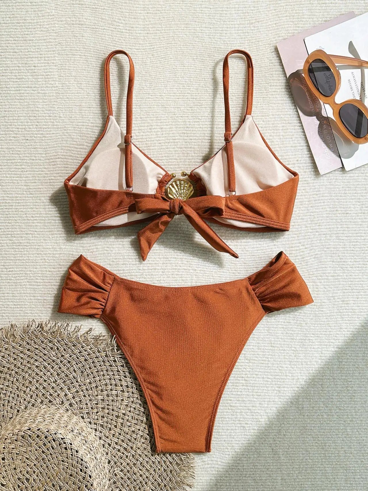 Women's 2026 New Sexy Shell Metal Button Bikini Set Solid Color Push Up Halter Two Piece Swimwear Summer Beach Bathing Suit - StepByStepNow