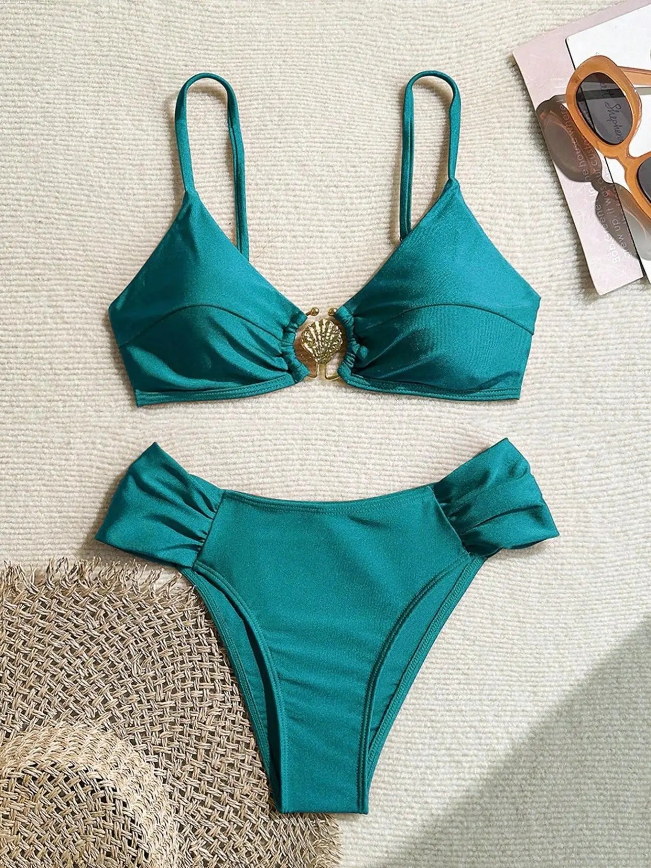 Women's 2026 New Sexy Shell Metal Button Bikini Set Solid Color Push Up Halter Two Piece Swimwear Summer Beach Bathing Suit - StepByStepNow