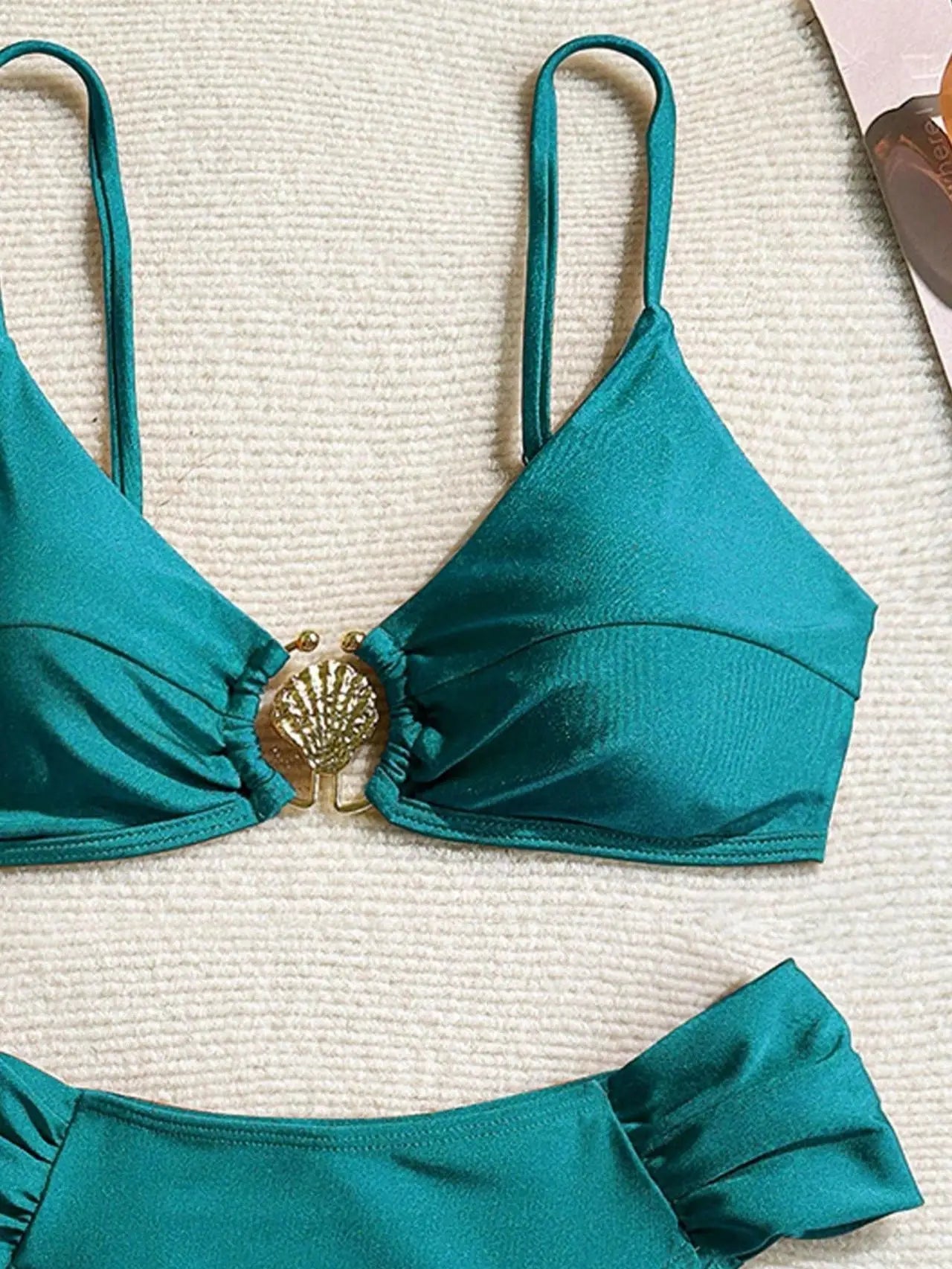 Women's 2026 New Sexy Shell Metal Button Bikini Set Solid Color Push Up Halter Two Piece Swimwear Summer Beach Bathing Suit - StepByStepNow