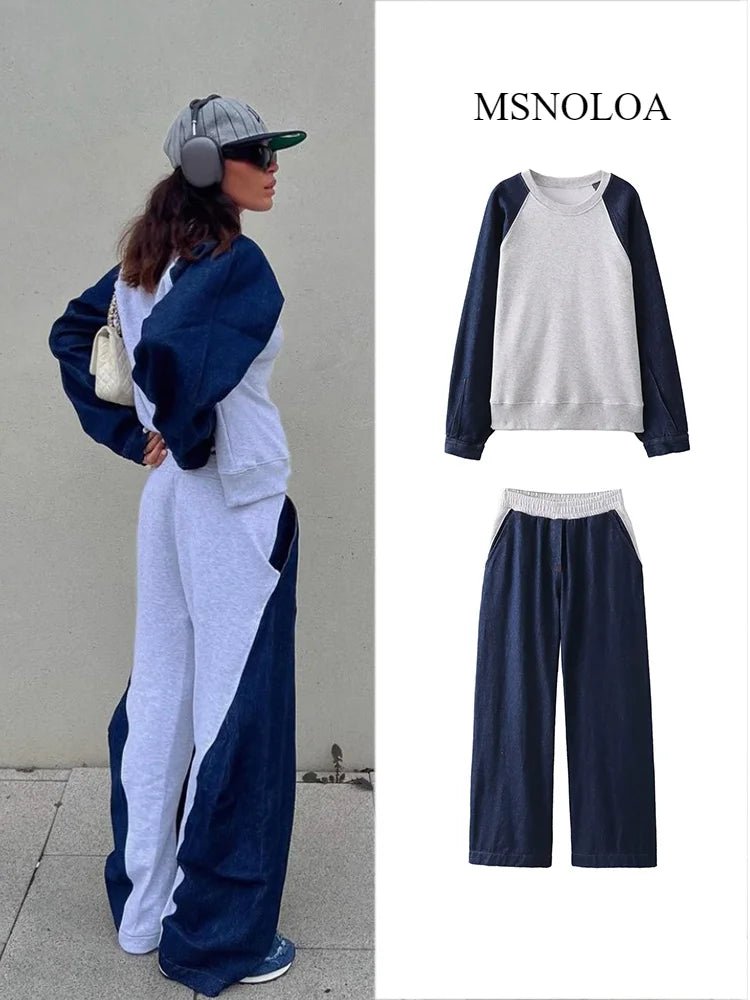 Women's Autumn Color Clash Casual Sweatshirt Set Patchwork Color Round Neck Long Sleeve Sweatshirt High Waist Casual Pants - StepByStepNow