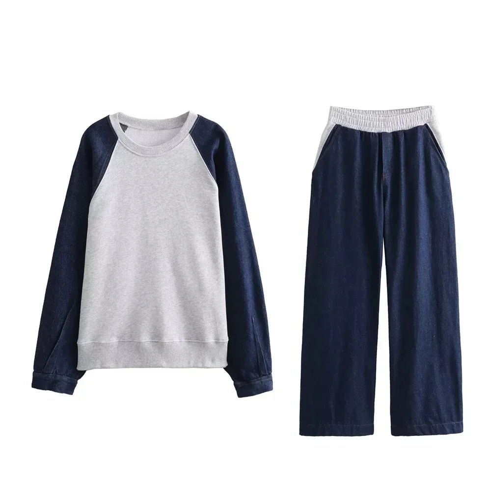 Women's Autumn Color Clash Casual Sweatshirt Set Patchwork Color Round Neck Long Sleeve Sweatshirt High Waist Casual Pants - StepByStepNow