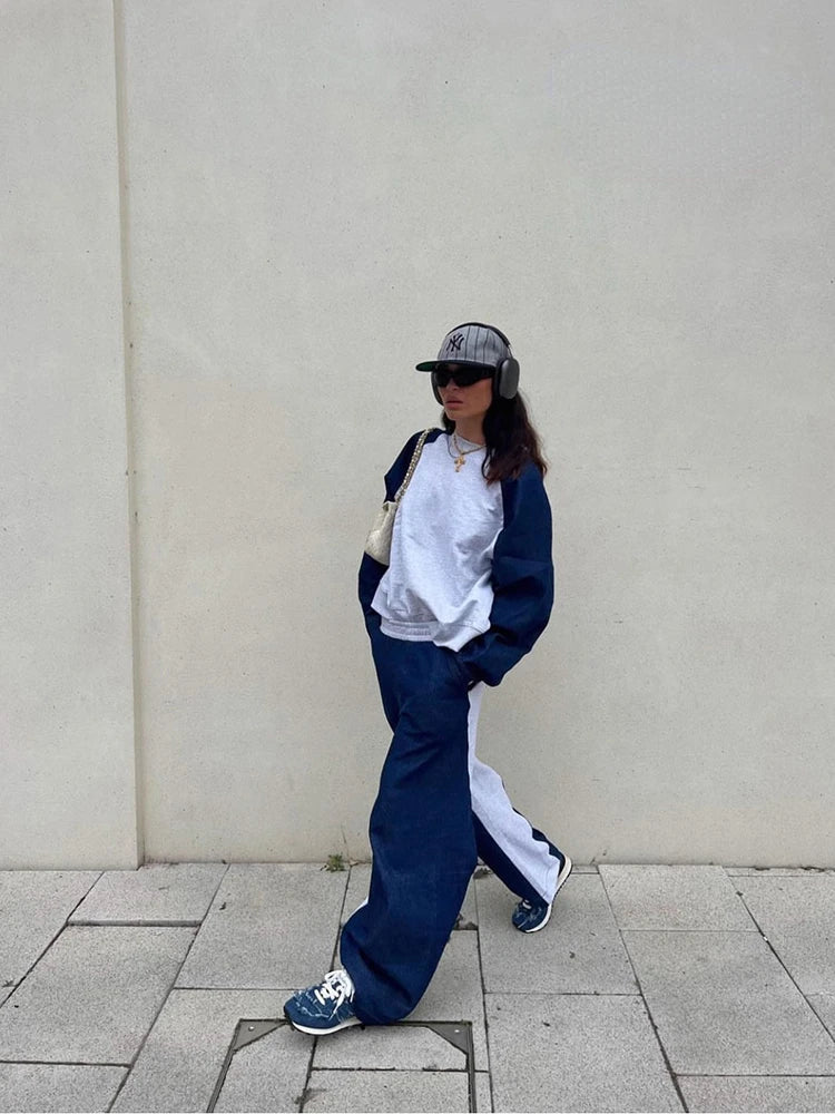 Women's Autumn Color Clash Casual Sweatshirt Set Patchwork Color Round Neck Long Sleeve Sweatshirt High Waist Casual Pants - StepByStepNow