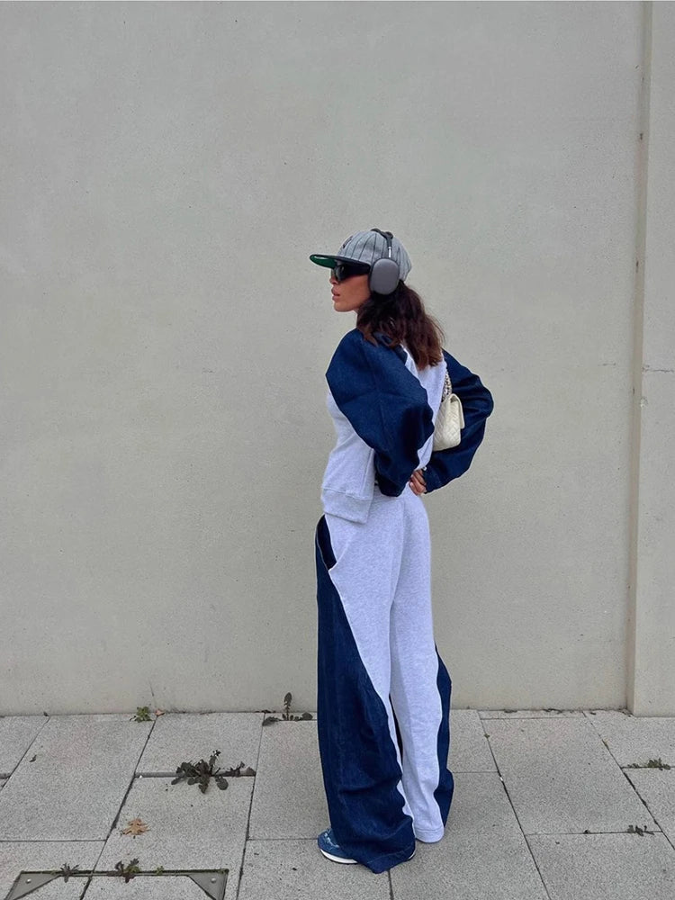 Women's Autumn Color Clash Casual Sweatshirt Set Patchwork Color Round Neck Long Sleeve Sweatshirt High Waist Casual Pants - StepByStepNow