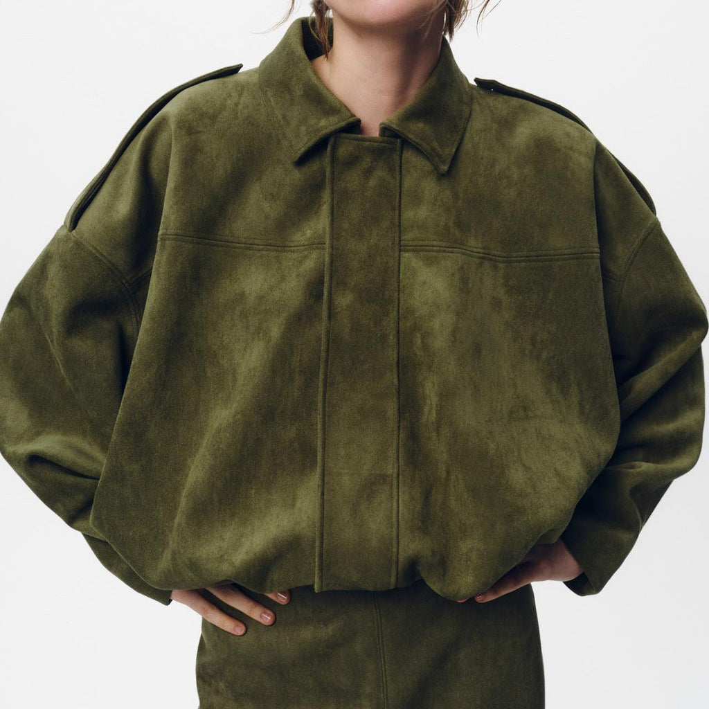 Women's Batwing Sleeve Lapel Suede Texture Effect Pilot Jacket - StepByStepNow