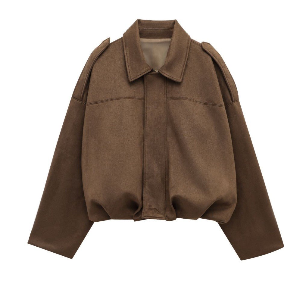 Women's Batwing Sleeve Lapel Suede Texture Effect Pilot Jacket - StepByStepNow
