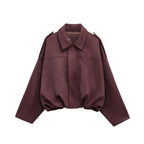 Women's Batwing Sleeve Lapel Suede Texture Effect Pilot Jacket - StepByStepNow