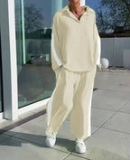 Women’s Casual Longline Set - Hollow Out Polo - Neck Top & High Waist Wide Leg Pants - StepByStepNow