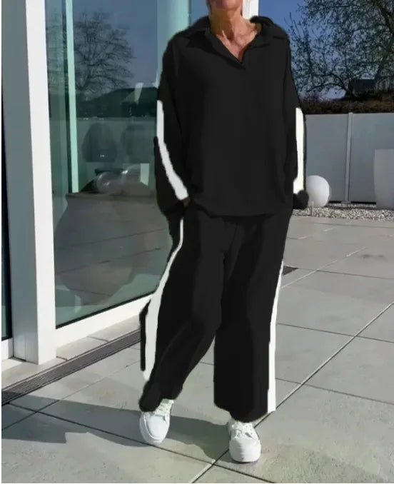 Women’s Casual Longline Set - Hollow Out Polo - Neck Top & High Waist Wide Leg Pants - StepByStepNow