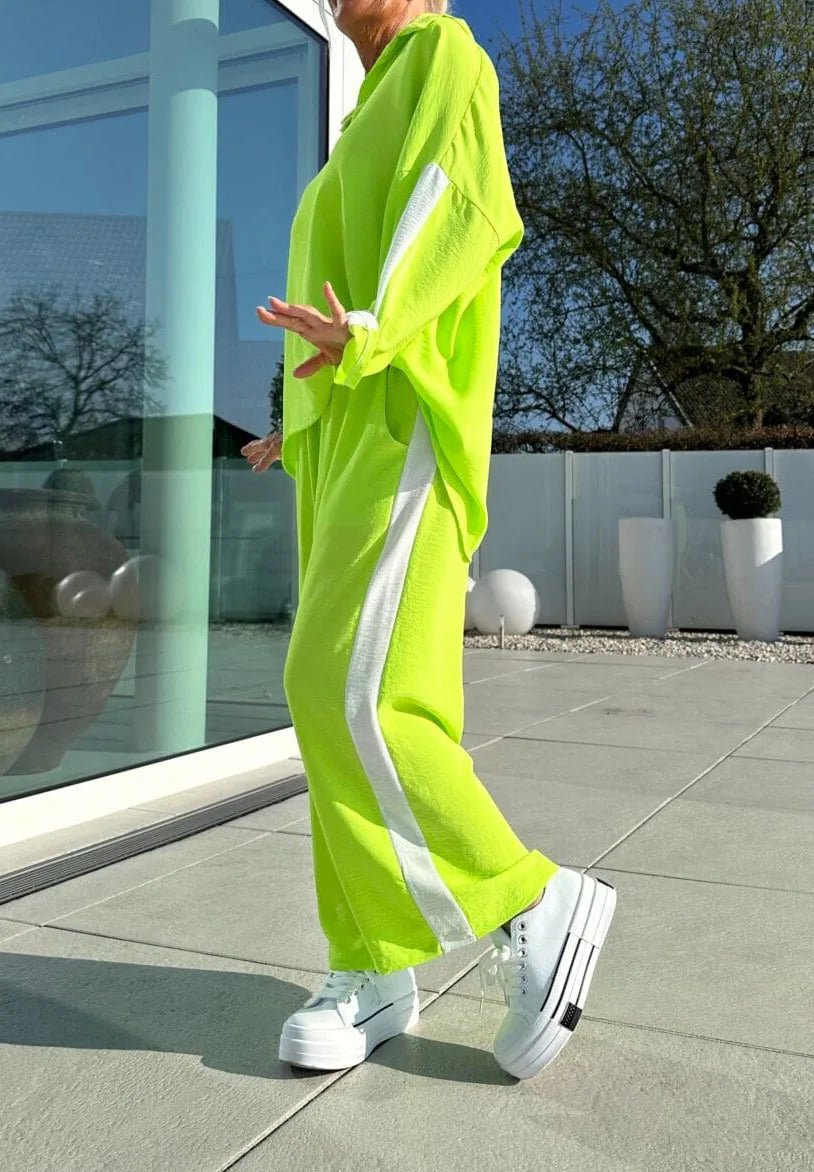 Women’s Casual Longline Set - Hollow Out Polo - Neck Top & High Waist Wide Leg Pants - StepByStepNow