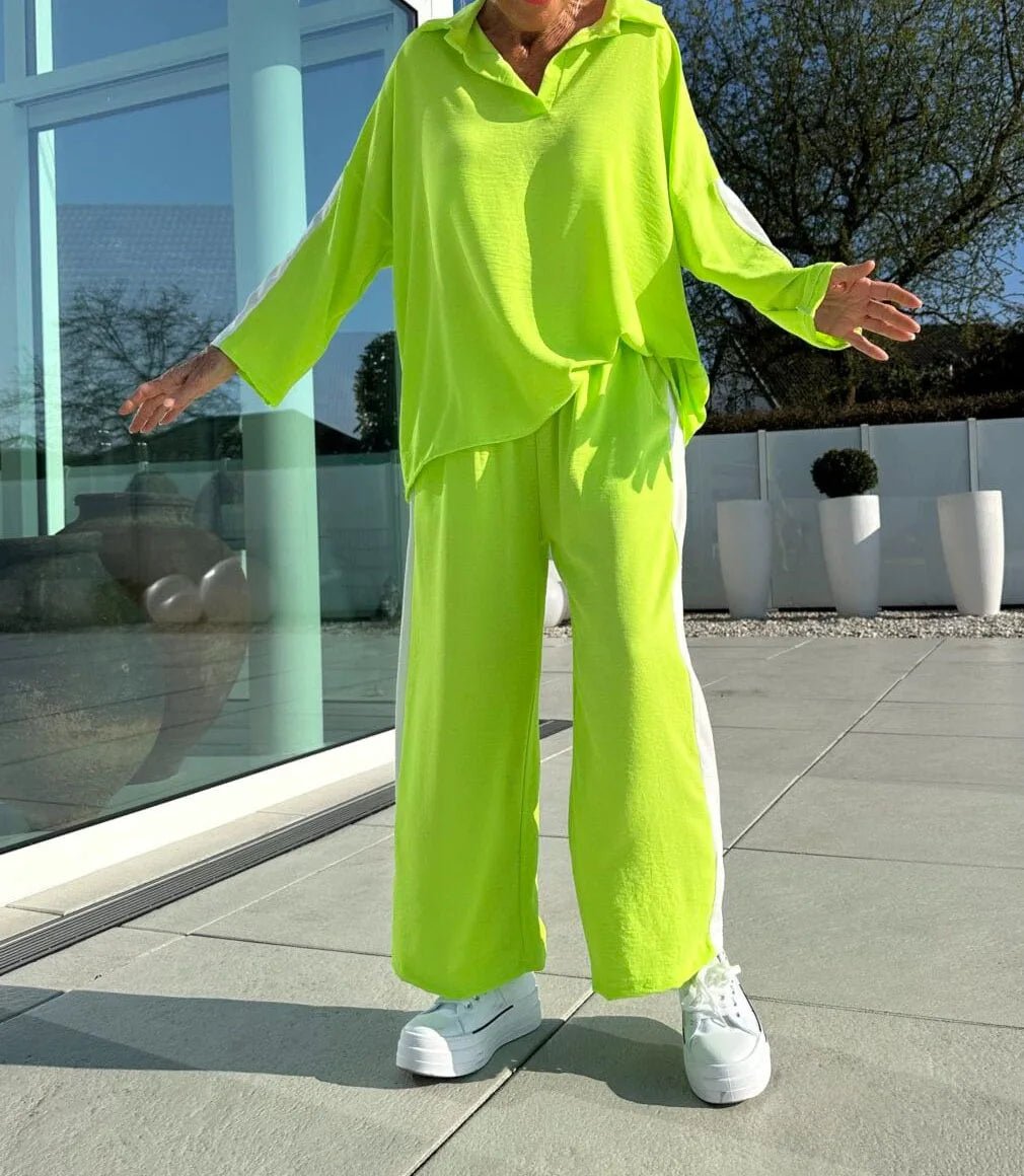 Women’s Casual Longline Set - Hollow Out Polo - Neck Top & High Waist Wide Leg Pants - StepByStepNow