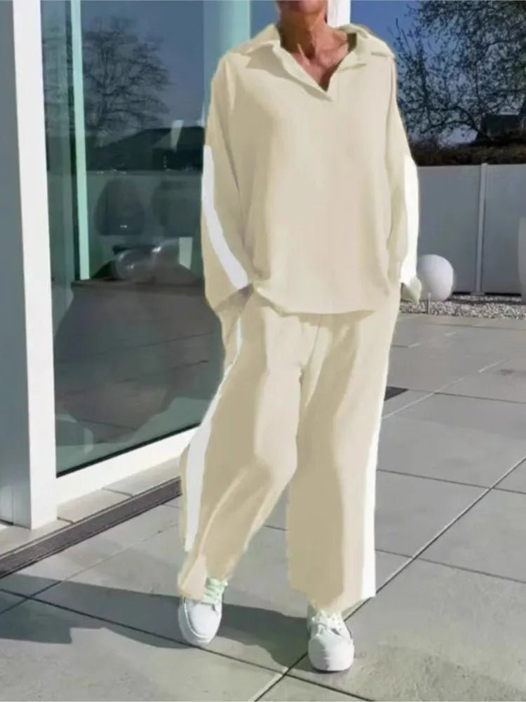 Women’s Casual Longline Set - Hollow Out Polo - Neck Top & High Waist Wide Leg Pants - StepByStepNow