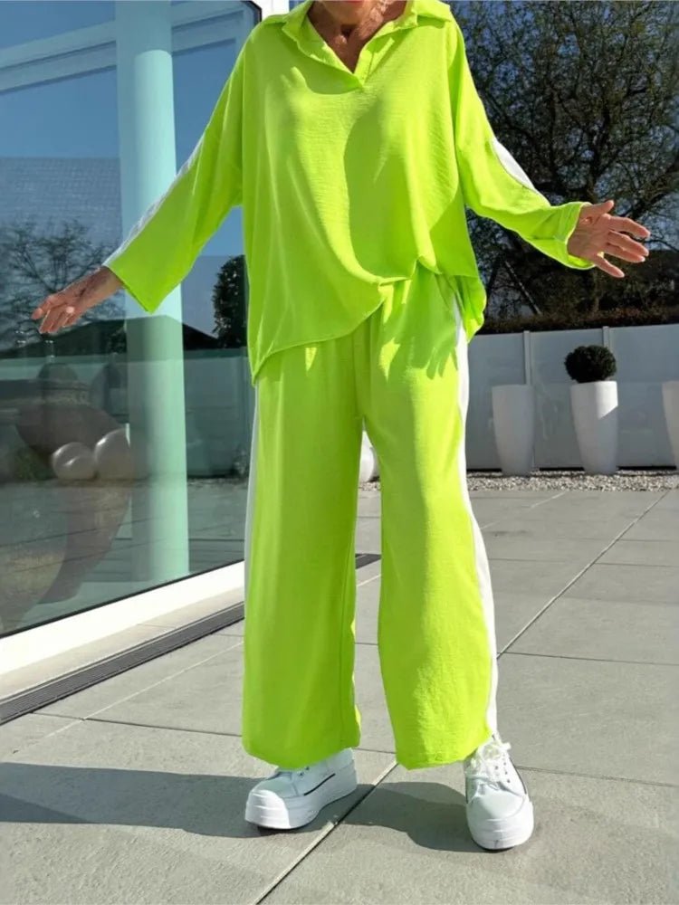 Women’s Casual Longline Set - Hollow Out Polo - Neck Top & High Waist Wide Leg Pants - StepByStepNow