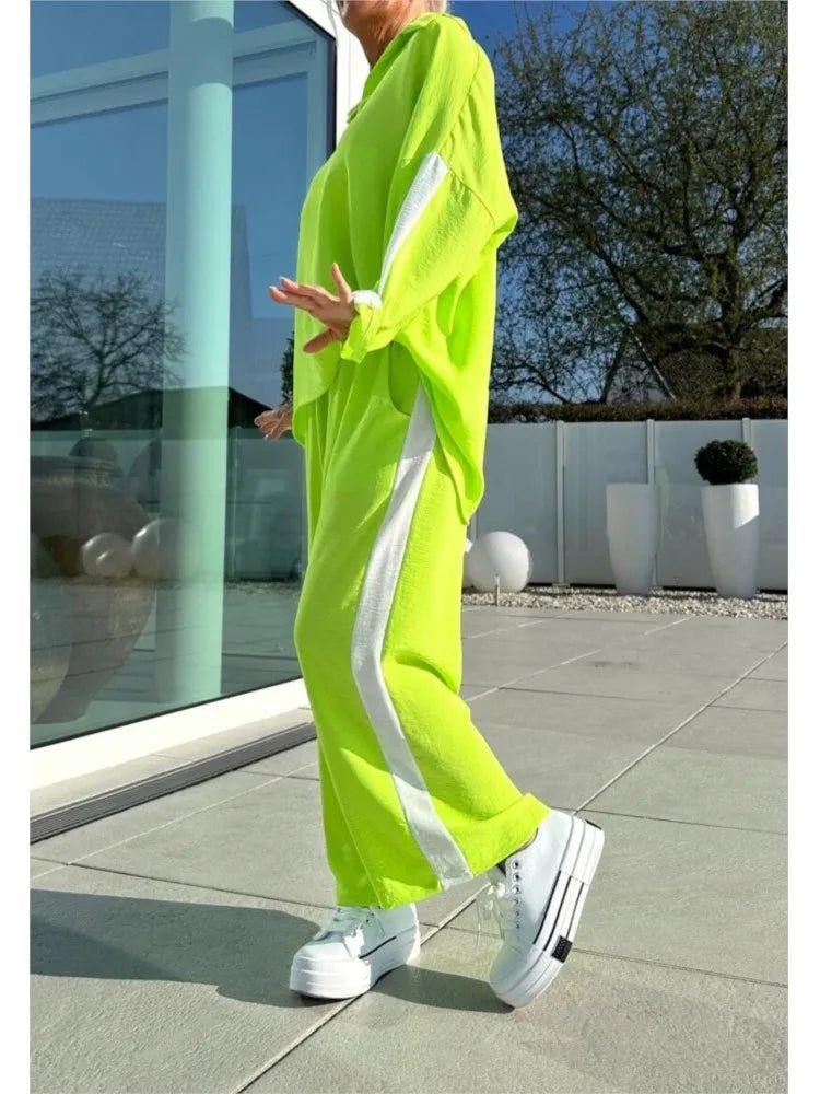Women’s Casual Longline Set - Hollow Out Polo - Neck Top & High Waist Wide Leg Pants - StepByStepNow