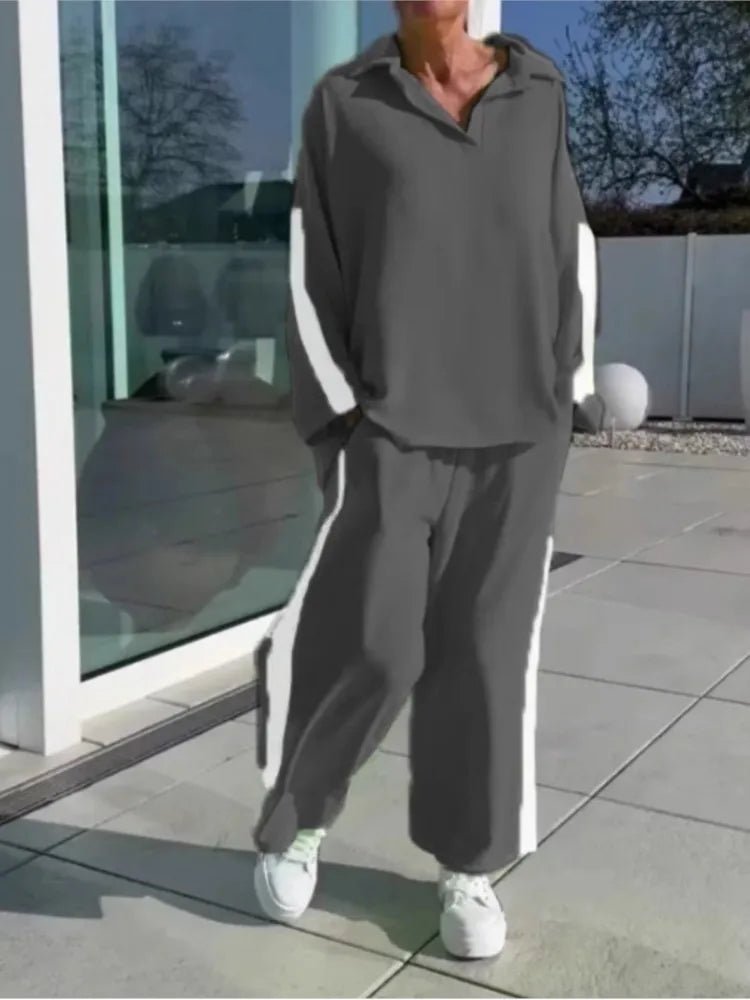 Women’s Casual Longline Set - Hollow Out Polo - Neck Top & High Waist Wide Leg Pants - StepByStepNow