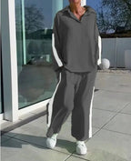 Women’s Casual Longline Set - Hollow Out Polo - Neck Top & High Waist Wide Leg Pants - StepByStepNow