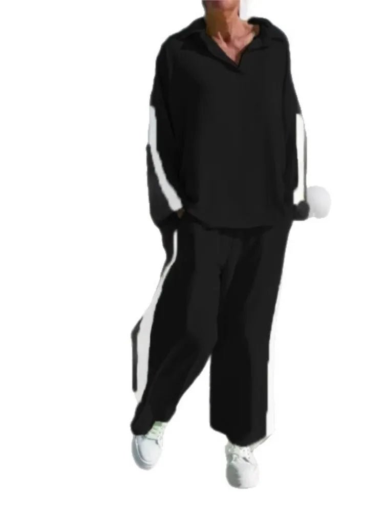 Women’s Casual Longline Set - Hollow Out Polo - Neck Top & High Waist Wide Leg Pants - StepByStepNow