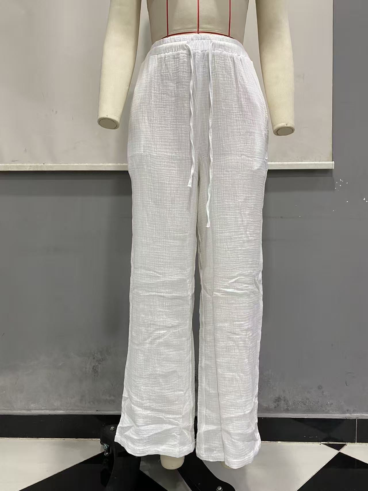 Women's Crinkled Cotton - Linen Wide - Leg Pants - Loose Fit Casual & Home Wear - StepByStepNow