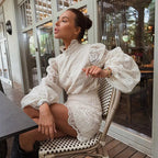 Women's Elegant Hollow Out Lace Mini Dress - Flare Sleeve - StepByStepNow