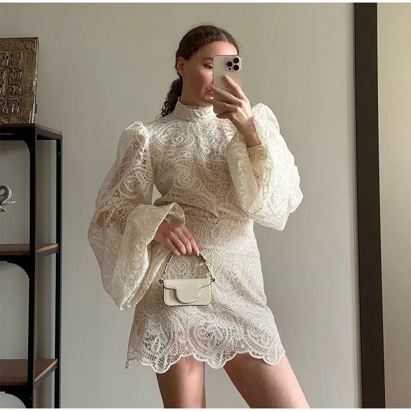 Women's Elegant Hollow Out Lace Mini Dress - Flare Sleeve - StepByStepNow