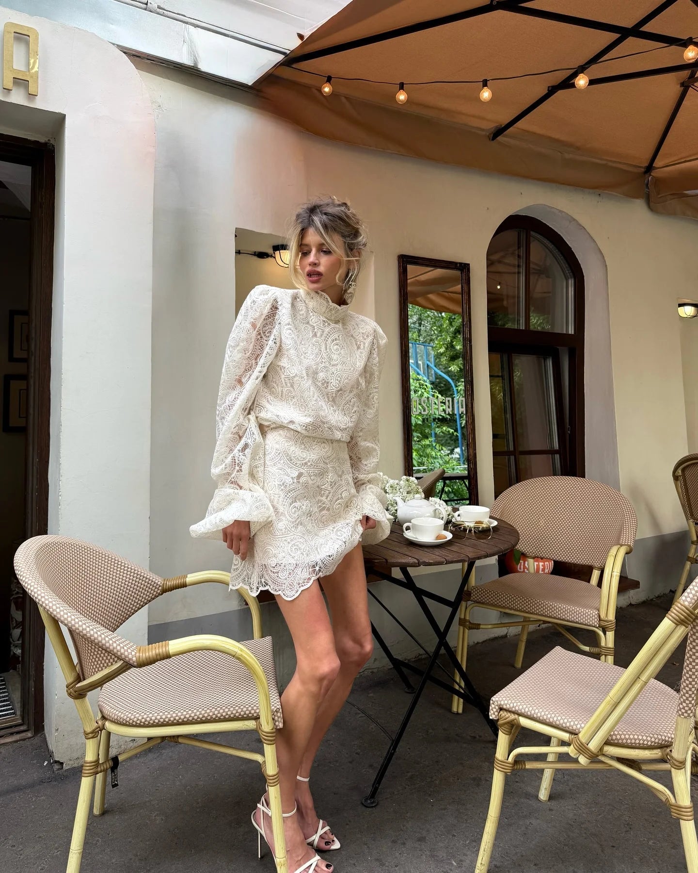 Women's Elegant Hollow Out Lace Mini Dress - Flare Sleeve - StepByStepNow