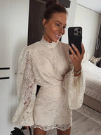 Women's Elegant Hollow Out Lace Mini Dress - Flare Sleeve - StepByStepNow