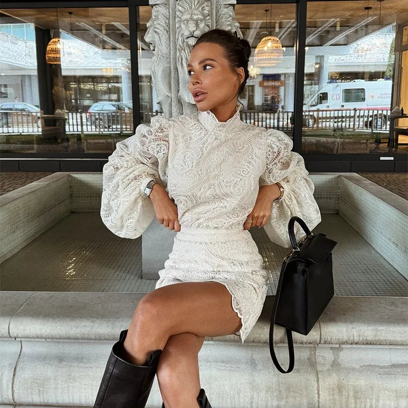 Women's Elegant Hollow Out Lace Mini Dress - Flare Sleeve - StepByStepNow