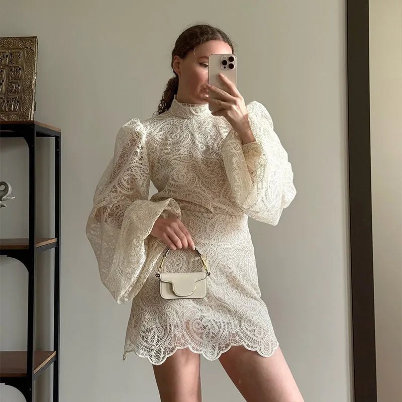 Women's Elegant Hollow Out Lace Mini Dress - Flare Sleeve - StepByStepNow