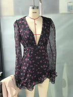 Women’s Flora Painted Ruffle Mini Dress - Elegant Full Sleeve & Deep V - Neck A - Line - StepByStepNow