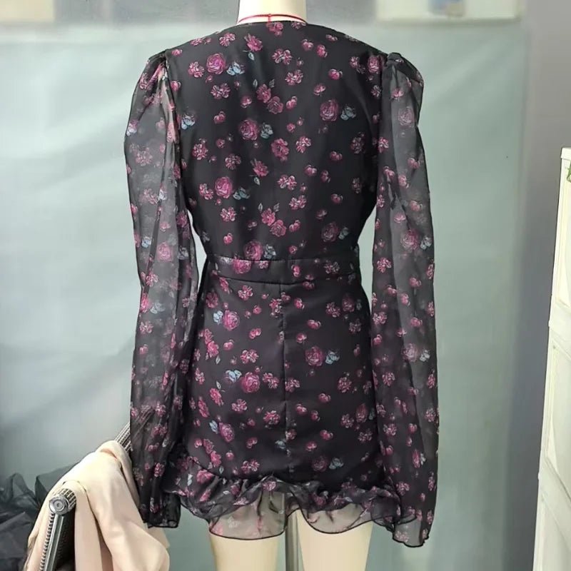 Women’s Flora Painted Ruffle Mini Dress - Elegant Full Sleeve & Deep V - Neck A - Line - StepByStepNow