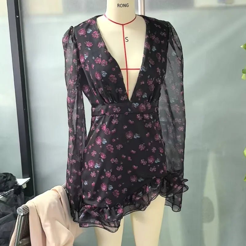 Women’s Flora Painted Ruffle Mini Dress - Elegant Full Sleeve & Deep V - Neck A - Line - StepByStepNow