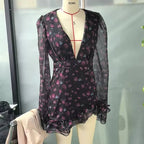 Women’s Flora Painted Ruffle Mini Dress - Elegant Full Sleeve & Deep V - Neck A - Line - StepByStepNow