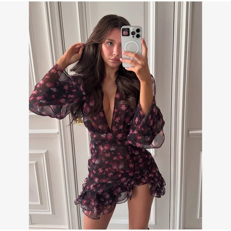 Women’s Flora Painted Ruffle Mini Dress - Elegant Full Sleeve & Deep V - Neck A - Line - StepByStepNow