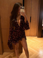 Women’s Flora Painted Ruffle Mini Dress - Elegant Full Sleeve & Deep V - Neck A - Line - StepByStepNow