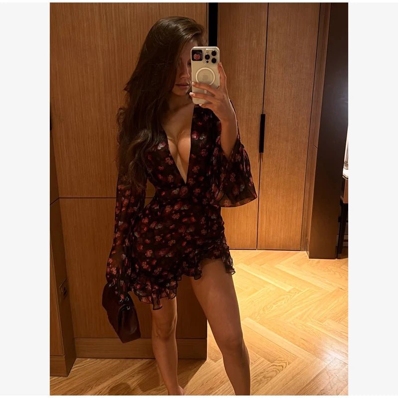 Women’s Flora Painted Ruffle Mini Dress - Elegant Full Sleeve & Deep V - Neck A - Line - StepByStepNow