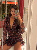 Women’s Flora Painted Ruffle Mini Dress - Elegant Full Sleeve & Deep V - Neck A - Line - StepByStepNow
