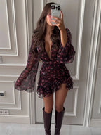 Women’s Flora Painted Ruffle Mini Dress - Elegant Full Sleeve & Deep V - Neck A - Line - StepByStepNow