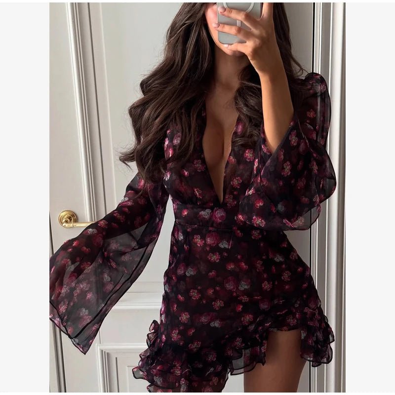Women’s Flora Painted Ruffle Mini Dress - Elegant Full Sleeve & Deep V - Neck A - Line - StepByStepNow