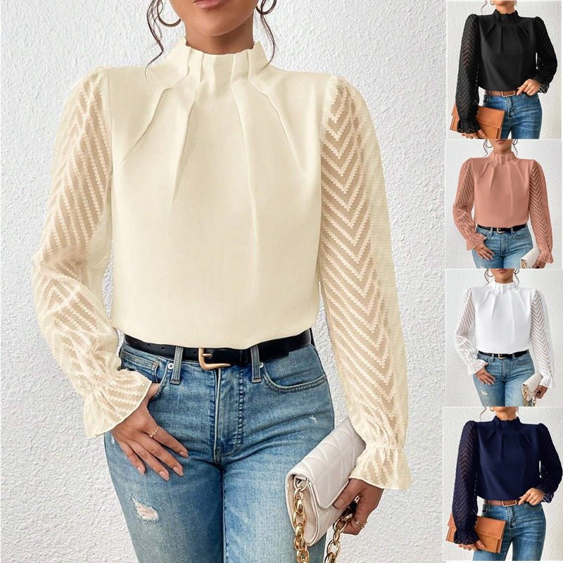 Women's Half - turtleneck Stitching Wavy Chiffon Long - sleeved Top - StepByStepNow